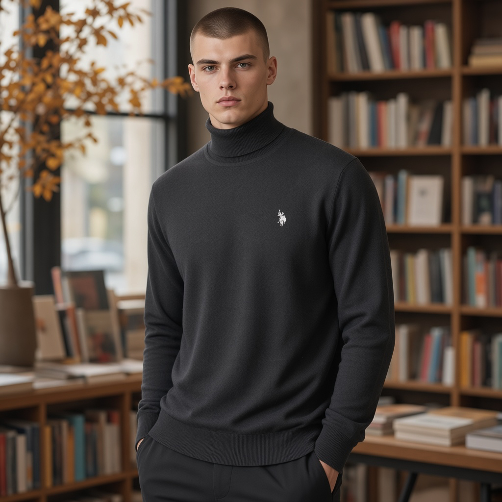 Hombre vistiendo jersey de cuello alto negro U.S. Polo Assn. con logotipo bordado en una biblioteca