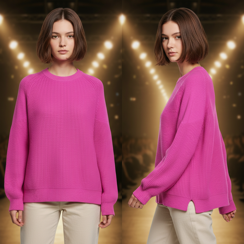 Modelo con jersey Desigual de cuello redondo en color rosa vibrante, tejido de punto grueso y corte holgado.