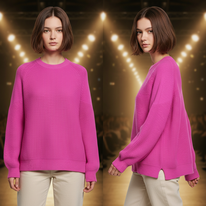 Modelo con jersey Desigual de cuello redondo en color rosa vibrante, tejido de punto grueso y corte holgado.