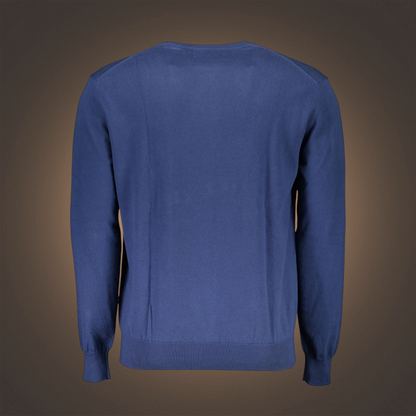 Jersey de hombre La Martina en color azul con cuello redondo y manga larga, vista trasera.