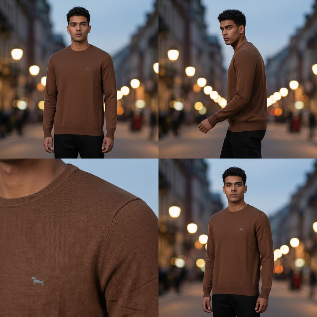 Jersey de punto marrón Harmont & Blaine con cuello redondo y logo bordado, usado por un hombre en la calle