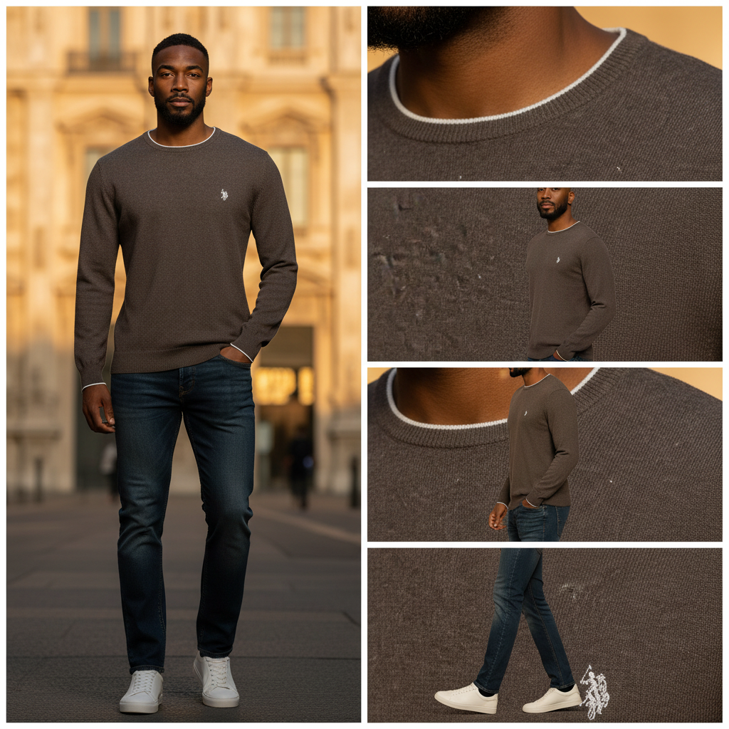 Jersey marrón de punto U.S. Polo Assn. con cuello redondo y logo bordado, usado por un modelo en entorno urbano
