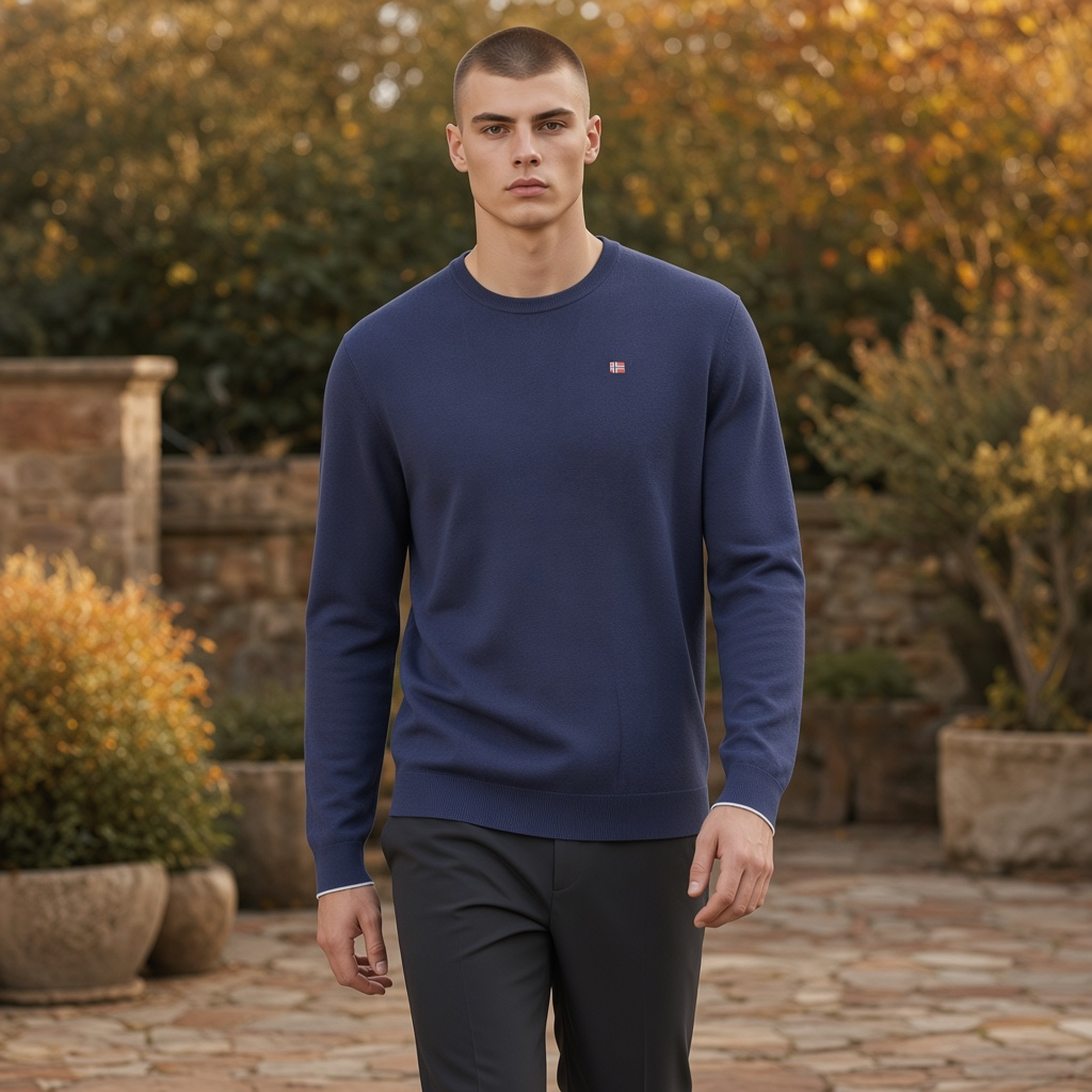Modelo vistiendo jersey azul de cuello redondo Napapijri con bordado en el pecho, de la tienda liquidationlive