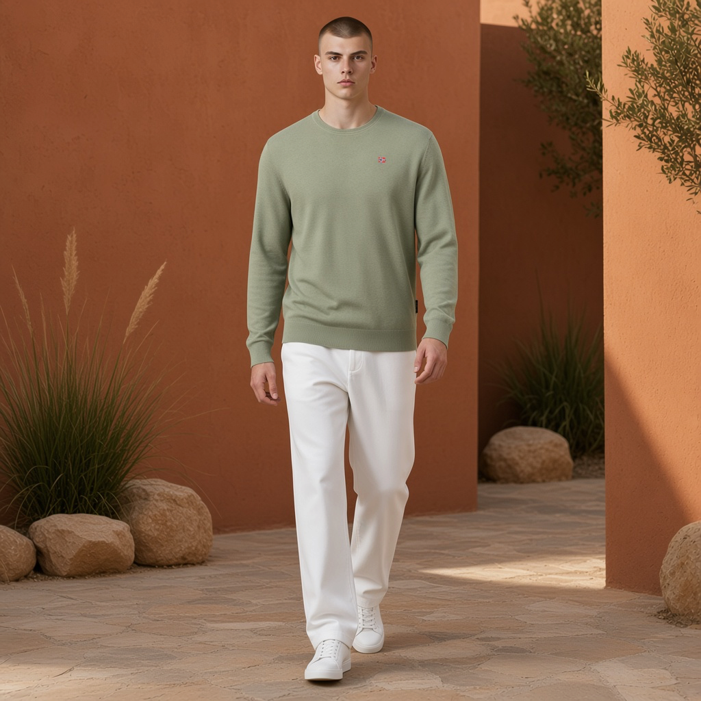 Modelo vistiendo jersey verde de cuello redondo Napapijri con bordado en el pecho, de la tienda liquidationlive