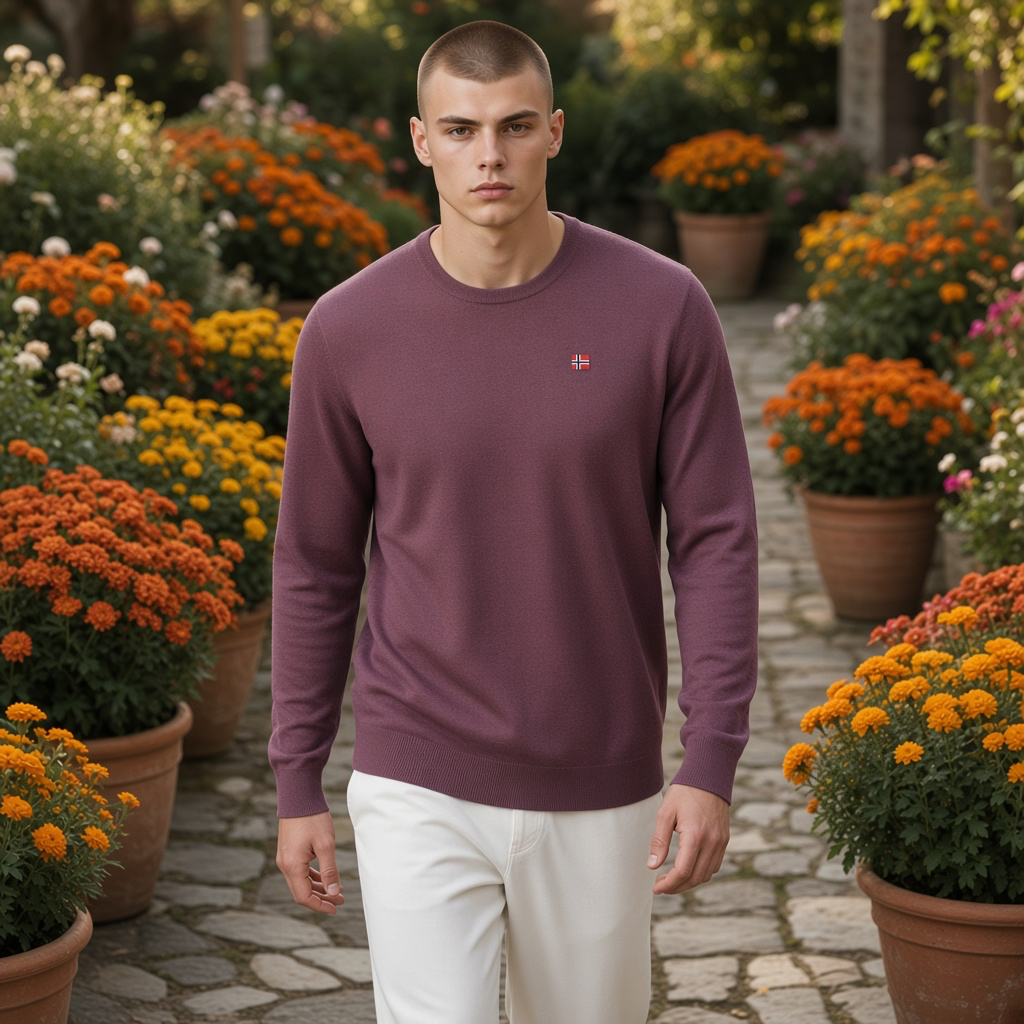 Hombre vistiendo jersey Napapijri violeta de cuello redondo con bordado del logo, en un jardín con flores naranjas