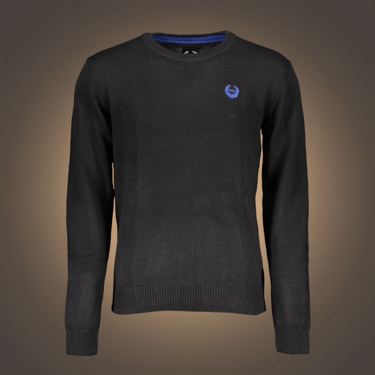 Jersey de punto negro liquidationlive con cuello redondo, bordado azul en el pecho y detalles en contraste