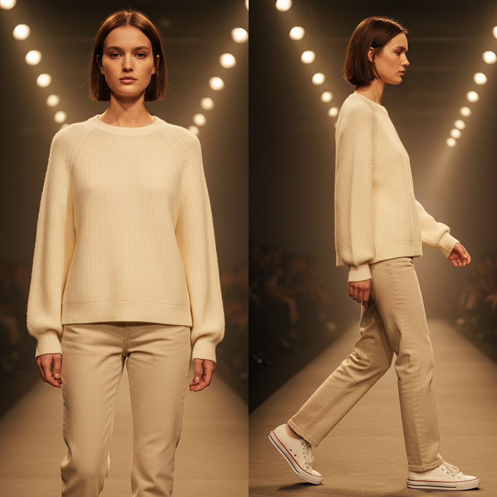 Jersey de punto blanco de liquidationlive con cuello redondo y mangas largas, combinado con pantalones beige.