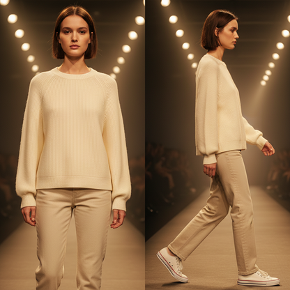 Jersey de punto blanco de liquidationlive con cuello redondo y mangas largas, combinado con pantalones beige.