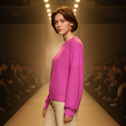 Modelo con jersey de punto rosa de cuello alto de liquidationlive en una pasarela con iluminación cálida.