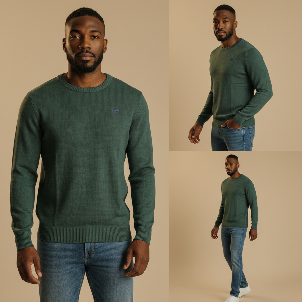 Jersey de cuello redondo verde bosque liquidationlive con bordado sutil, usado por un modelo con vaqueros azules