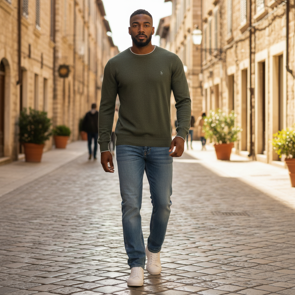 Hombre caminando por calle adoquinada vistiendo jersey verde de manga larga U.S. Polo Assn. con cuello redondo