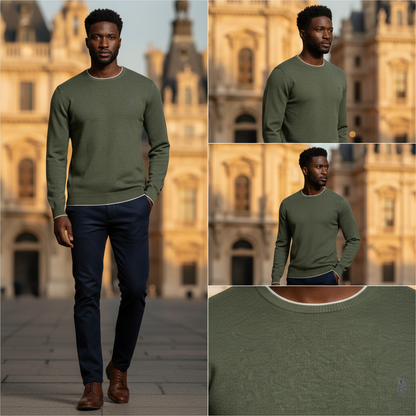 Modelo masculino con jersey verde de punto U.S. Polo Assn. de liquidationlive, cuello redondo y ajuste clásico