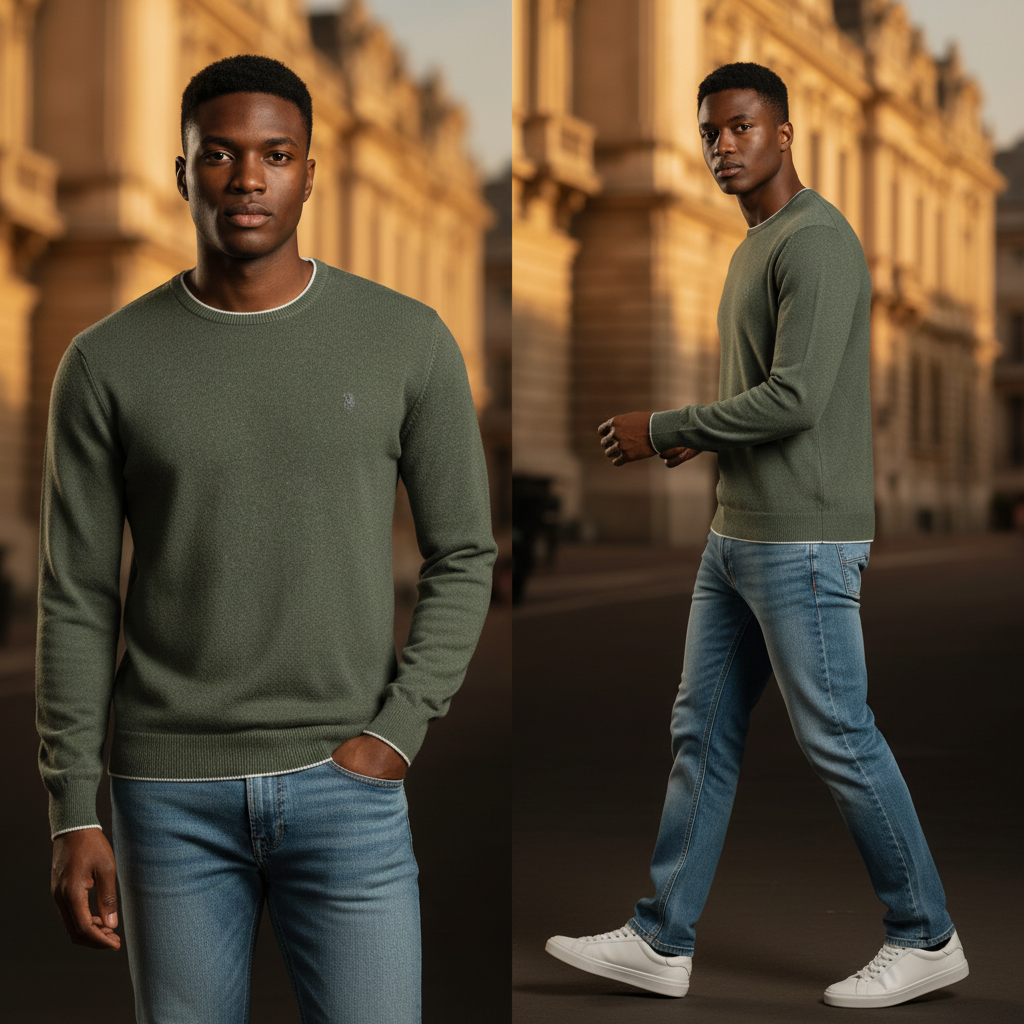 Jersey verde de cuello redondo U.S. Polo Assn. con detalles en contraste, usado por un modelo en un entorno urbano.
