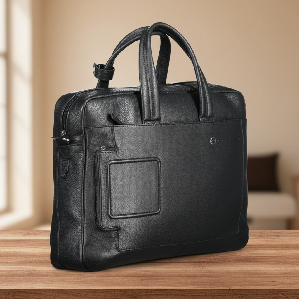Maletín Piquadro de piel granulada negra con asas, bolsillo frontal y compartimentos para portátil y documentos.