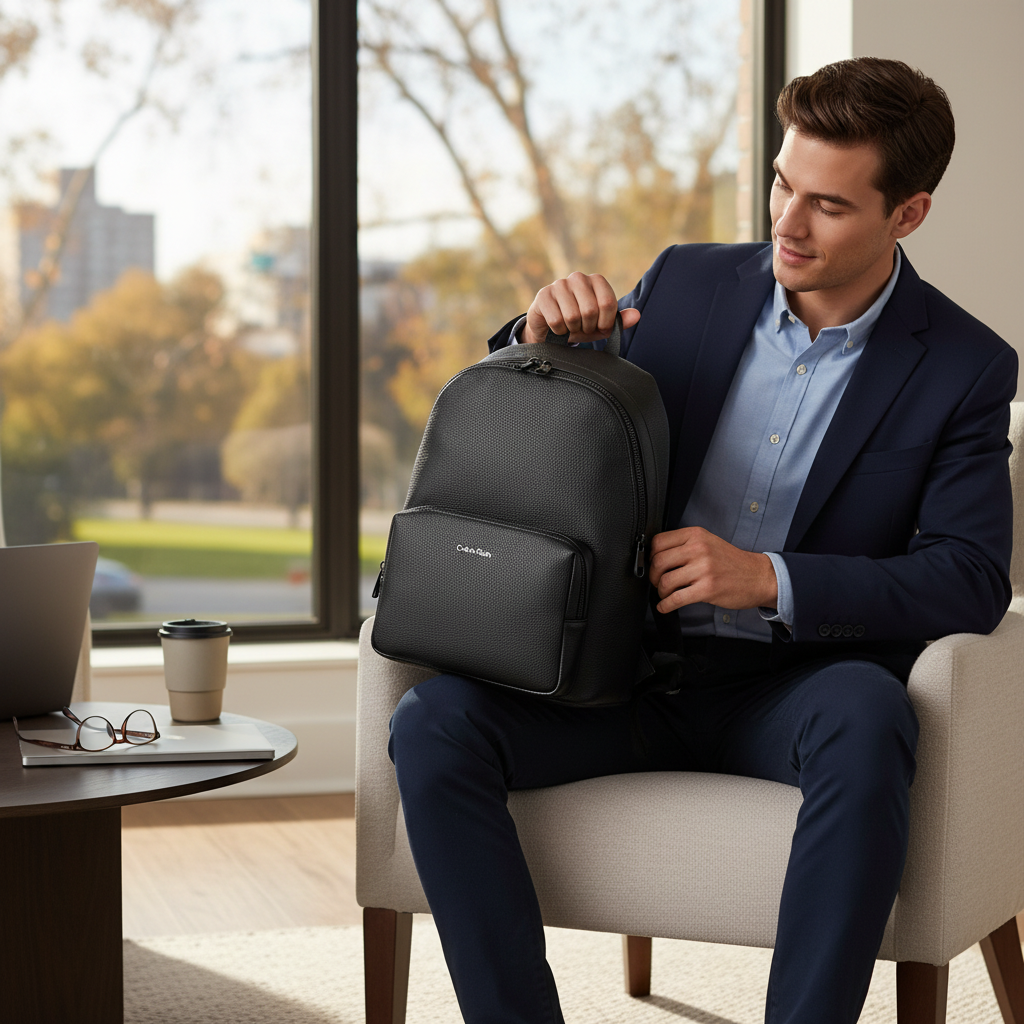Hombre de negocios con mochila negra Calvin Klein de liquidationlive, con compartimento para portátil y diseño urbano