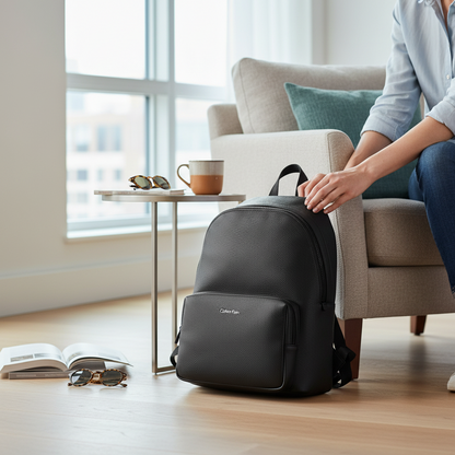 Mochila negra Calvin Klein de liquidationlive con textura granulada, bolsillo frontal y compartimento para portátil.