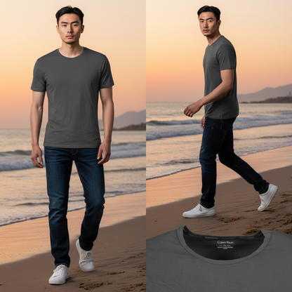 Modelo vistiendo pack de 2 camisetas negras de cuello redondo Calvin Klein de liquidationlive en la playa al atardecer