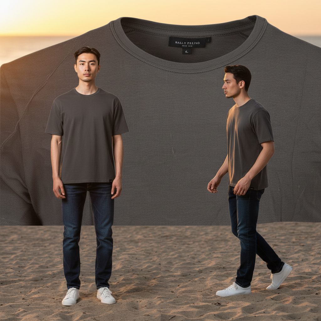 Pack de 2 camisetas negras de manga corta Calvin Klein con cuello redondo, lucidas por un modelo en la playa.