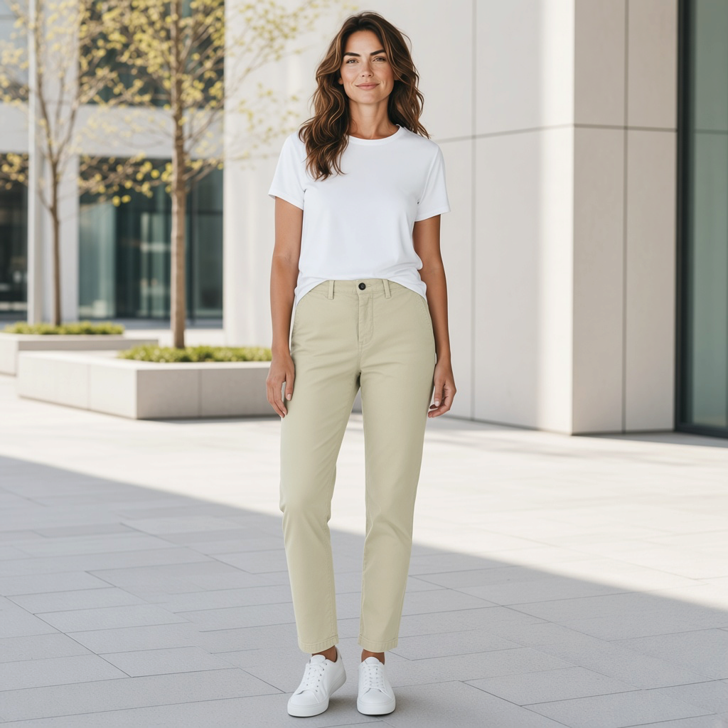 Modelo con pantalón chino North Sails color arena, camiseta blanca y zapatillas, estilo casual de liquidationlive