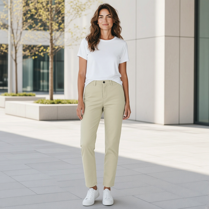Modelo con pantalón chino North Sails color arena, camiseta blanca y zapatillas, estilo casual de liquidationlive