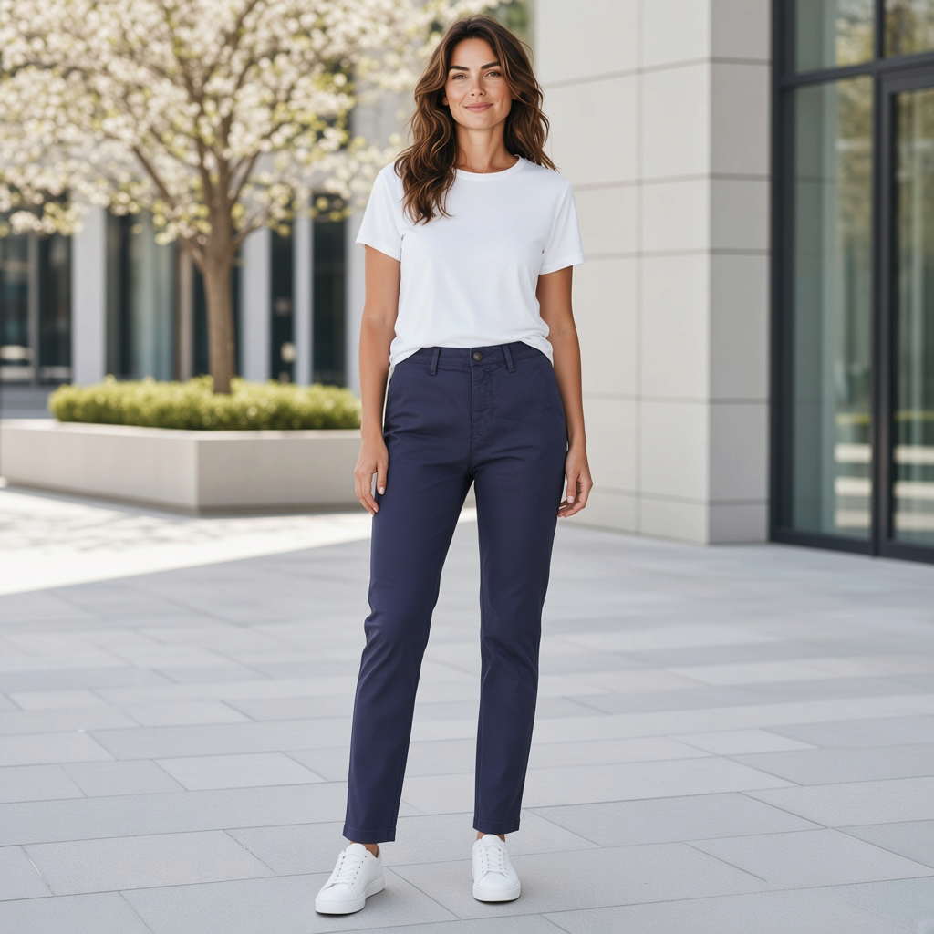 Mujer con pantalón chino azul marino North Sails de liquidationlive, camiseta blanca y zapatillas en entorno urbano