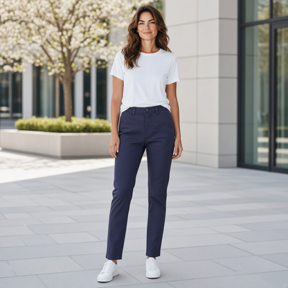 Mujer con pantalón chino azul marino North Sails de liquidationlive, camiseta blanca y zapatillas en entorno urbano
