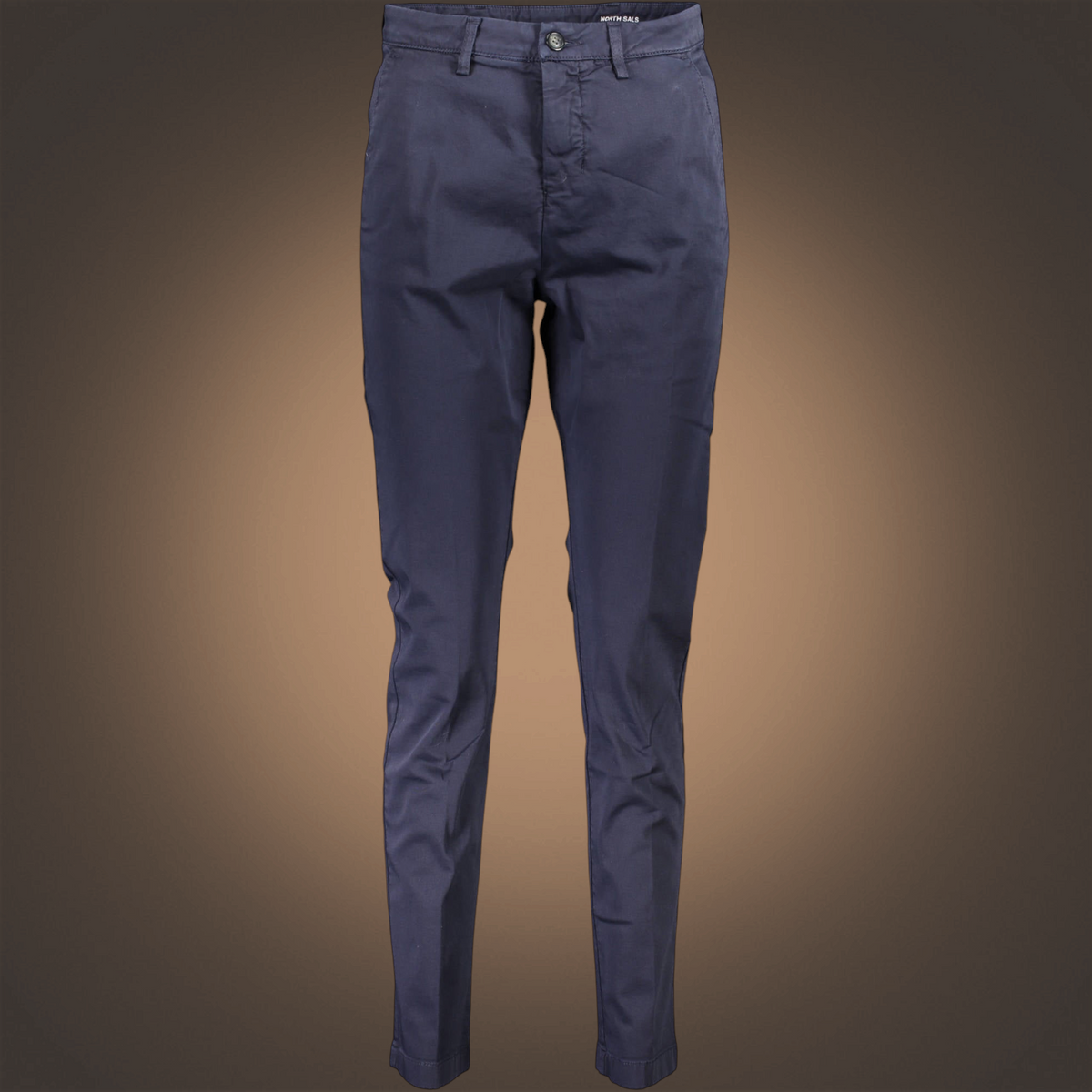 Pantalón chino azul marino de algodón orgánico con corte ajustado y cierre de cremallera de la marca liquidationlive