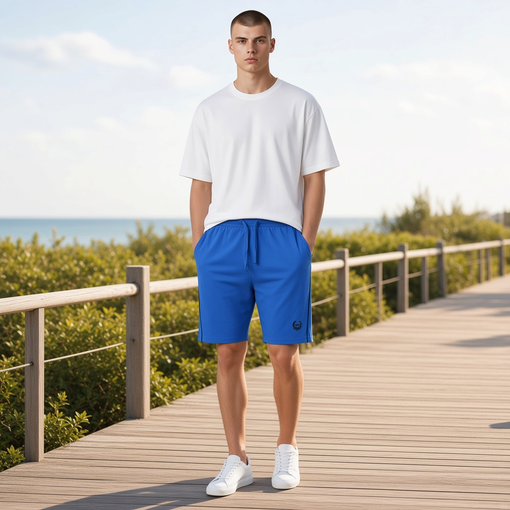 Modelo con pantalón corto azul liquidationlive, camiseta blanca y zapatillas en un paseo de madera junto al mar.