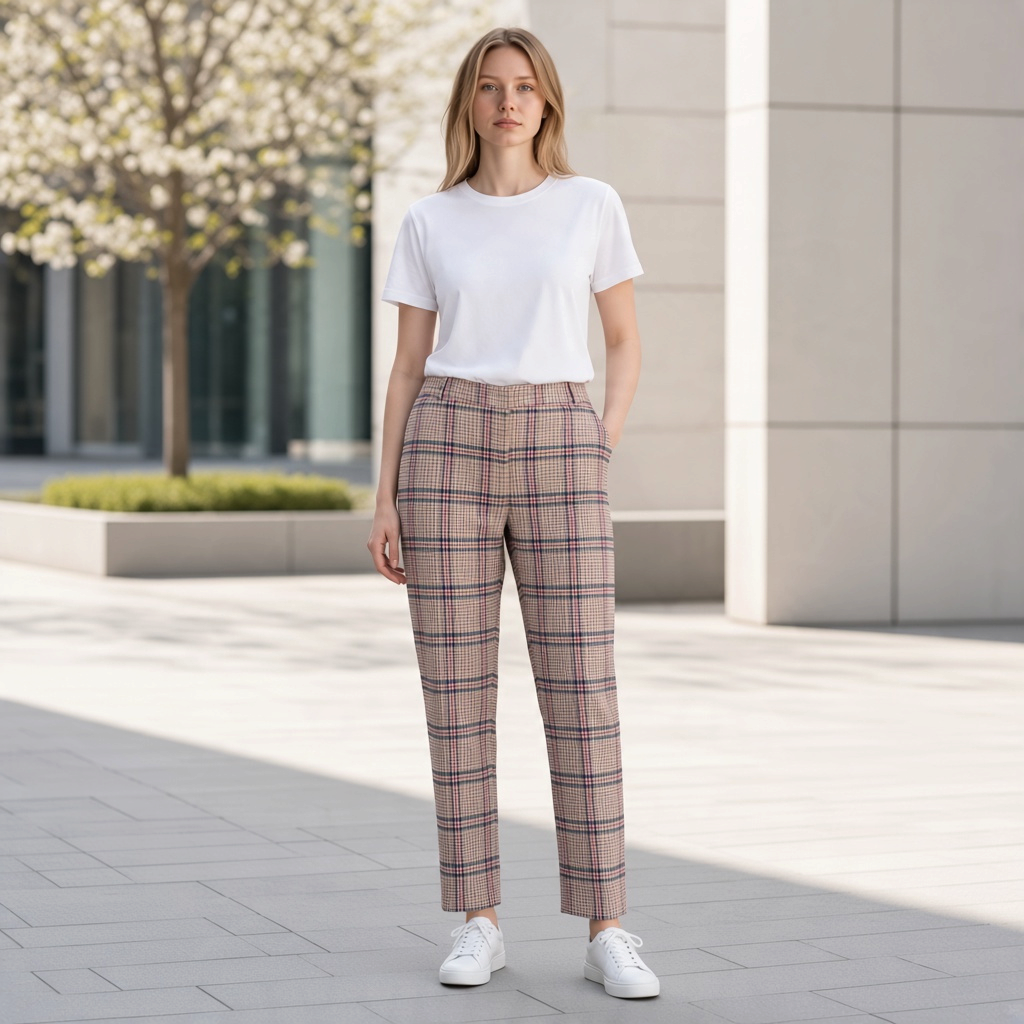 Modelo con pantalón de cuadros Gant en tonos beige y marrón con líneas rojizas, corte sastre y camiseta blanca