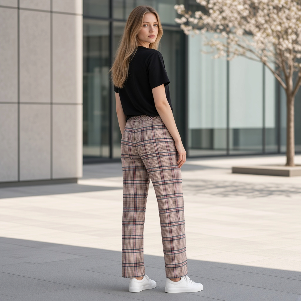 Modelo de espaldas vistiendo pantalón de cuadros Gant en tonos beige y marrón con camiseta negra y zapatillas blancas