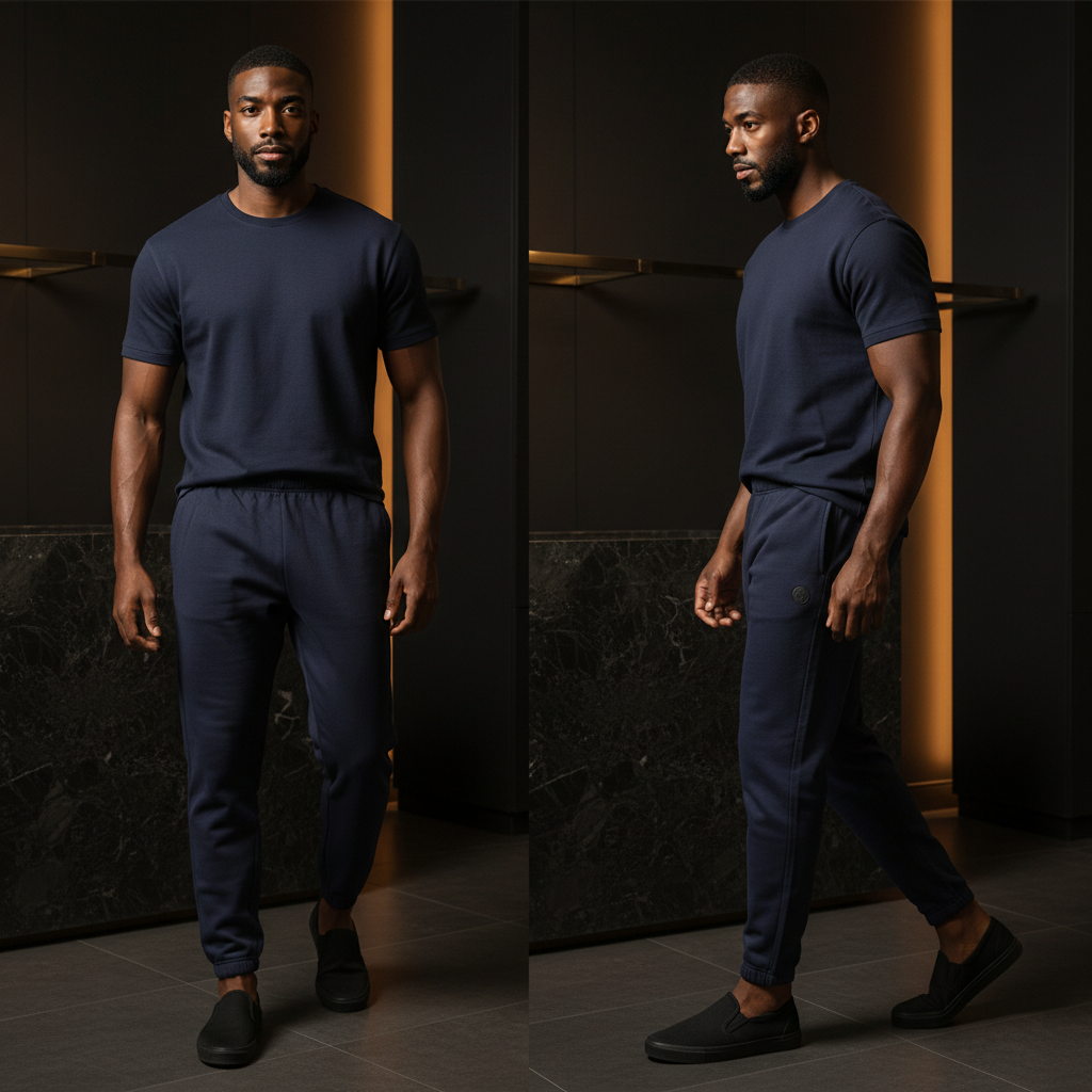 Hombre vistiendo pantalón jogger azul noche Gian Marco Venturi con cintura elástica y logo en un entorno elegante