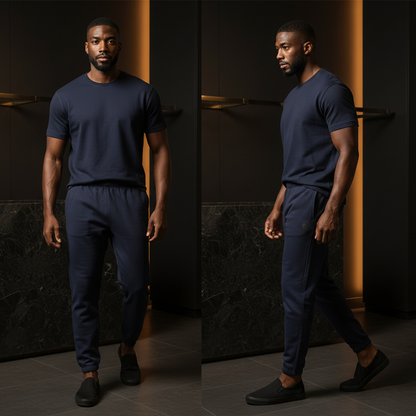 Hombre vistiendo pantalón jogger azul noche Gian Marco Venturi con cintura elástica y logo en un entorno elegante