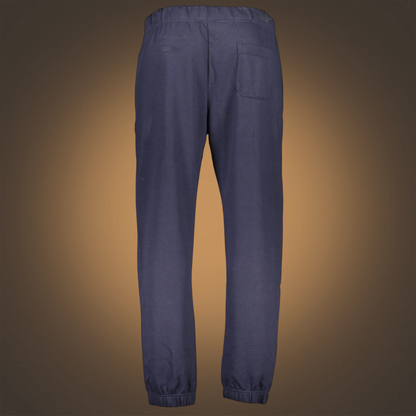 Vista trasera del pantalón jogger azul noche Gian Marco Venturi de liquidationlive con cintura elástica y bolsillo