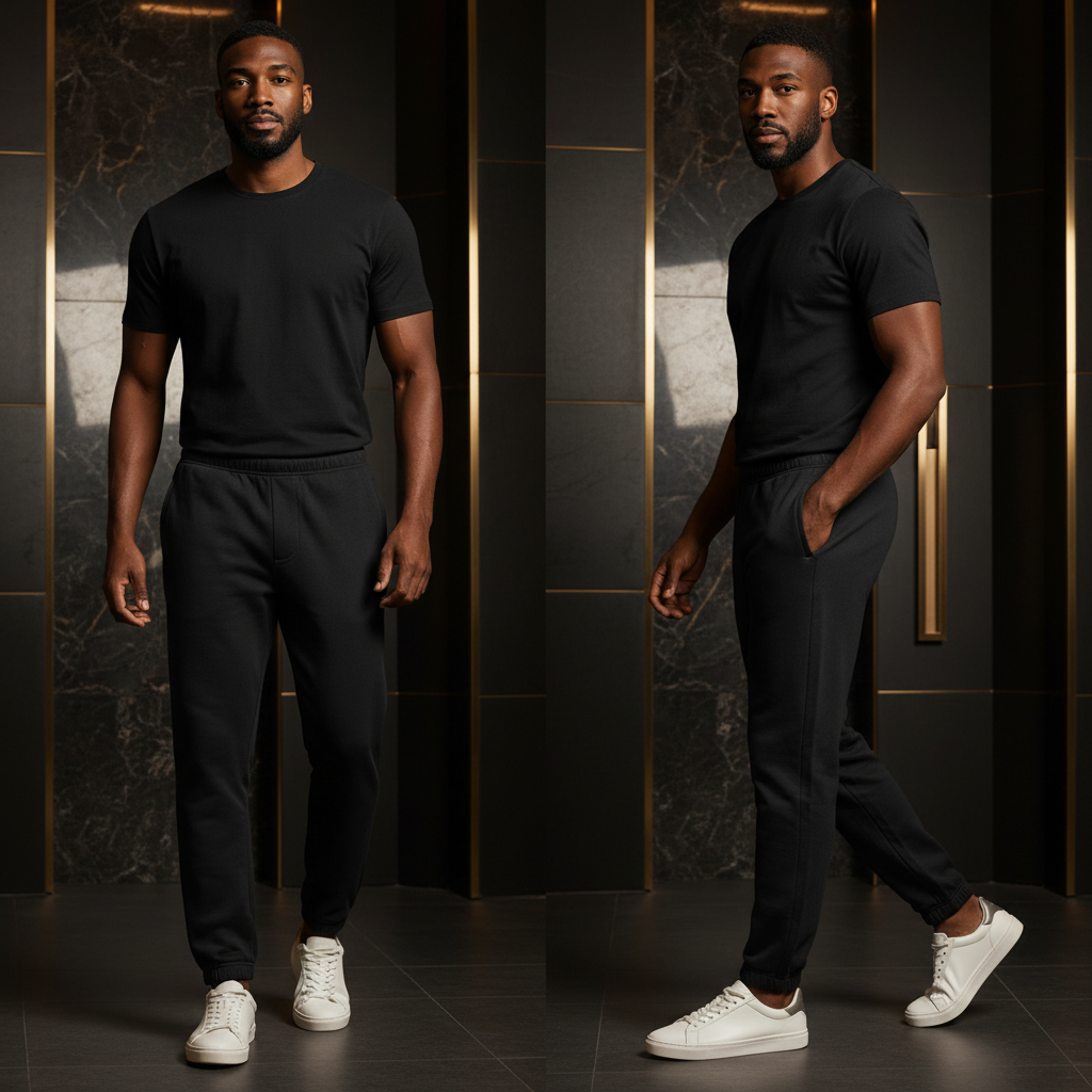 Modelo masculino vistiendo pantalón jogger negro Gian Marco Venturi con camiseta a juego y zapatillas blancas