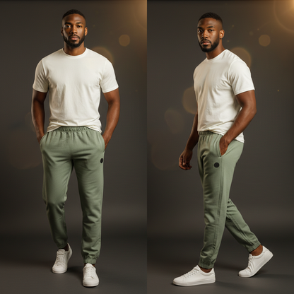 Modelo con pantalón jogger verde militar liquidationlive con cintura elástica, cordones y logo lateral