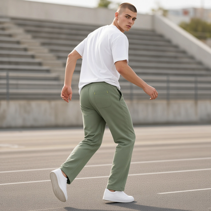 Modelo con pantalón jogger verde militar Gian Marco Venturi de liquidationlive, con cordón y detalles en contraste.