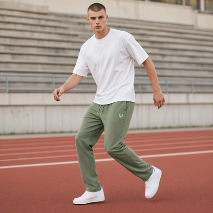 Modelo con pantalón jogger verde militar Gian Marco Venturi, cinturilla elástica y logo bordado en pista de atletismo.