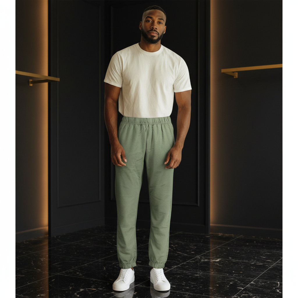 Hombre vistiendo pantalón jogger verde militar Gian Marco Venturi con cintura elástica y bajos ajustados
