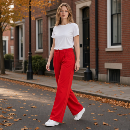 Modelo caminando con pantalón rojo de pernera ancha Denny Rose de liquidationlive y camiseta blanca en la calle