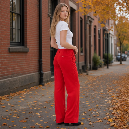 Modelo con pantalón rojo de pernera ancha Denny Rose y camiseta blanca en una calle otoñal de liquidationlive