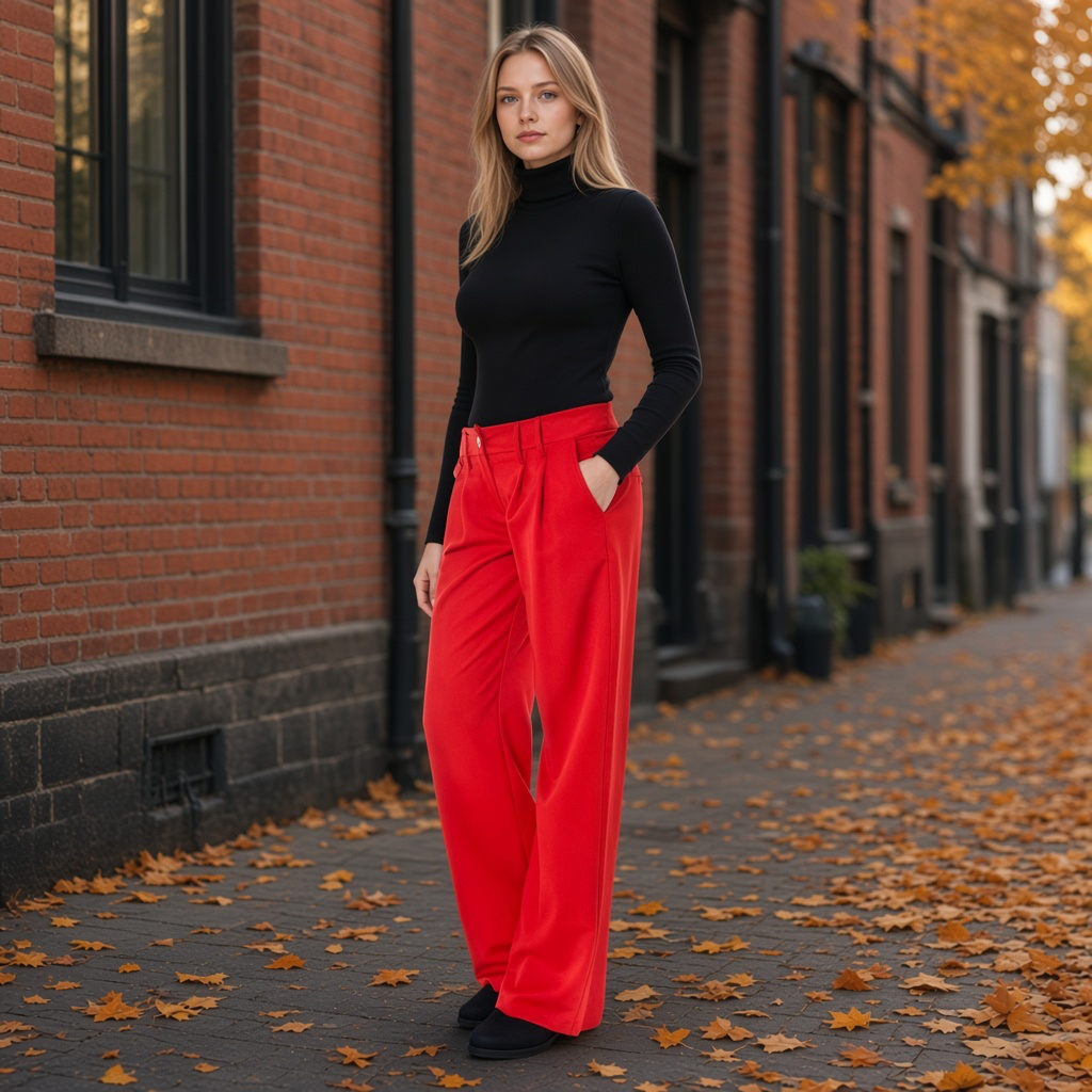 Modelo con pantalón rojo de pernera ancha Denny Rose de liquidationlive y jersey negro en una calle otoñal