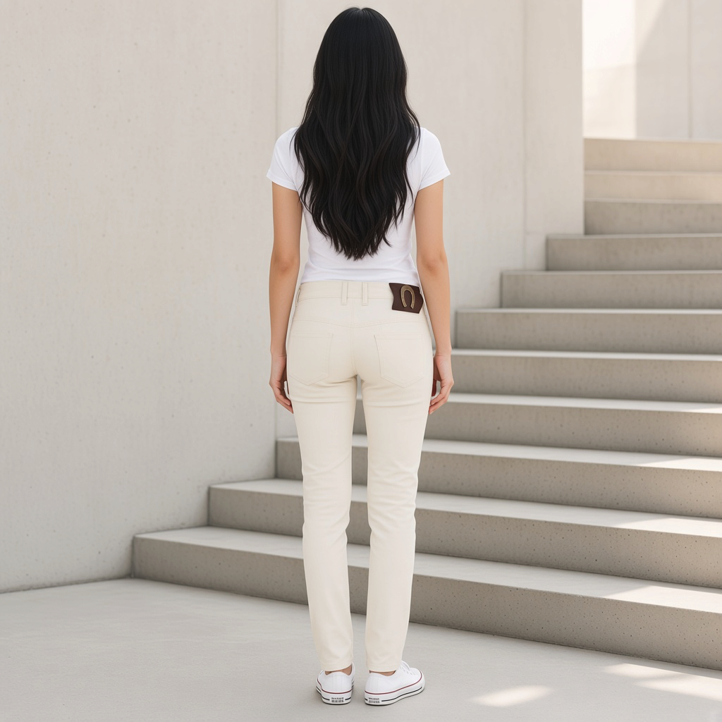 Vista trasera de mujer vistiendo pantalón slim Phard de liquidationlive en color blanco hueso con bolsillos de parche
