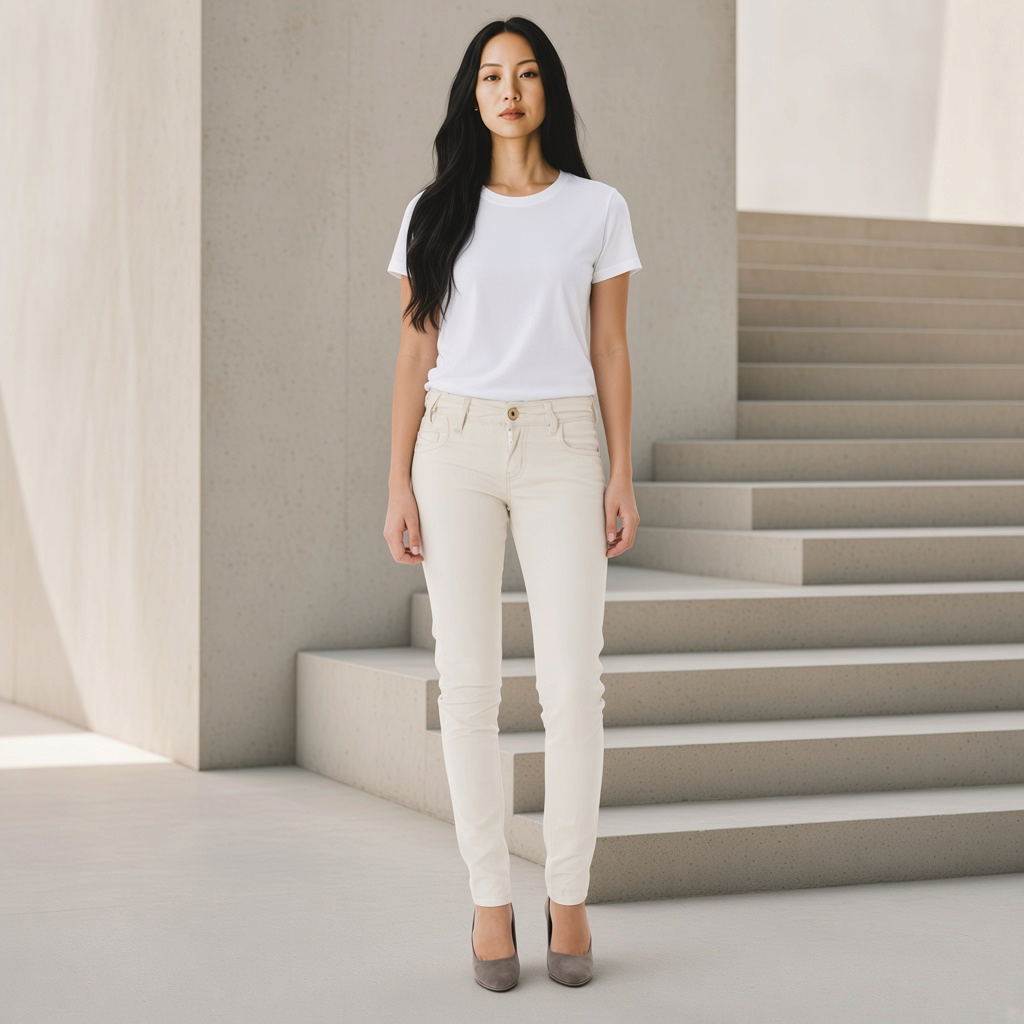 Modelo vistiendo pantalón slim Phard de liquidationlive en color blanco hueso con camiseta blanca y tacones