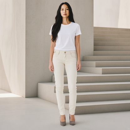 Modelo vistiendo pantalón slim Phard de liquidationlive en color blanco hueso con camiseta blanca y tacones