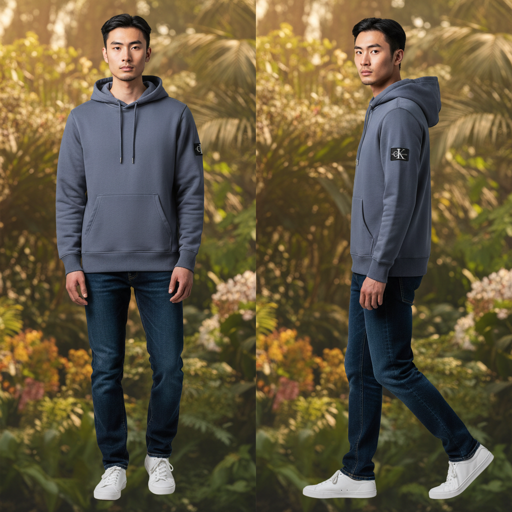 Modelo vistiendo sudadera azul con capucha Calvin Klein de liquidationlive, tacto polar y logo en la manga