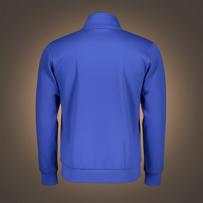 Vista trasera de sudadera azul con cremallera U.S. Grand de manga larga y cuello alto para hombre