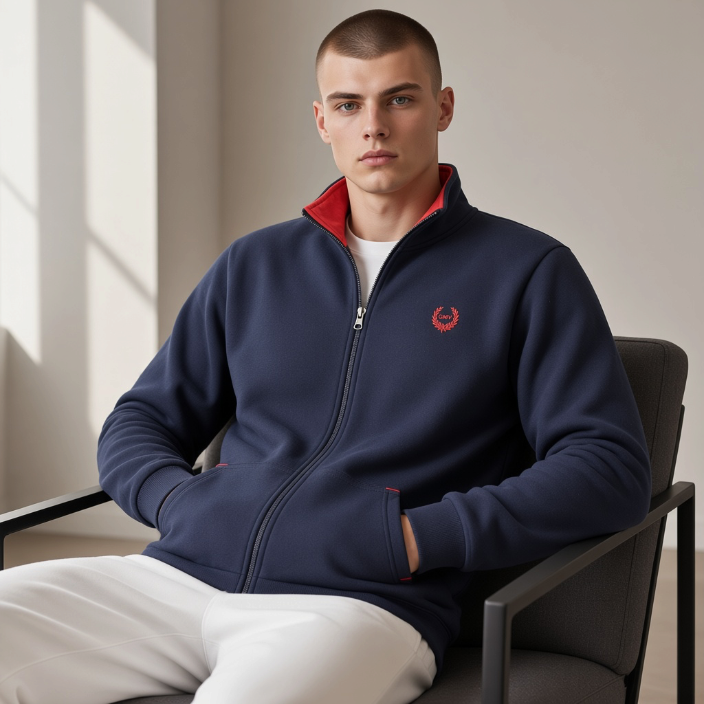 Sudadera azul liquidationlive Gian Marco Venturi con cremallera, cuello rojo y logotipo bordado en el pecho