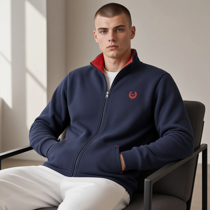 Sudadera azul liquidationlive Gian Marco Venturi con cremallera, cuello rojo y logotipo bordado en el pecho