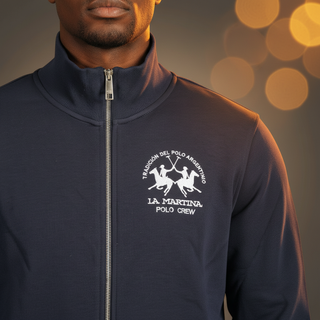 Sudadera azul marino liquidationlive con cremallera y bordado de La Martina en el pecho sobre fondo desenfocado