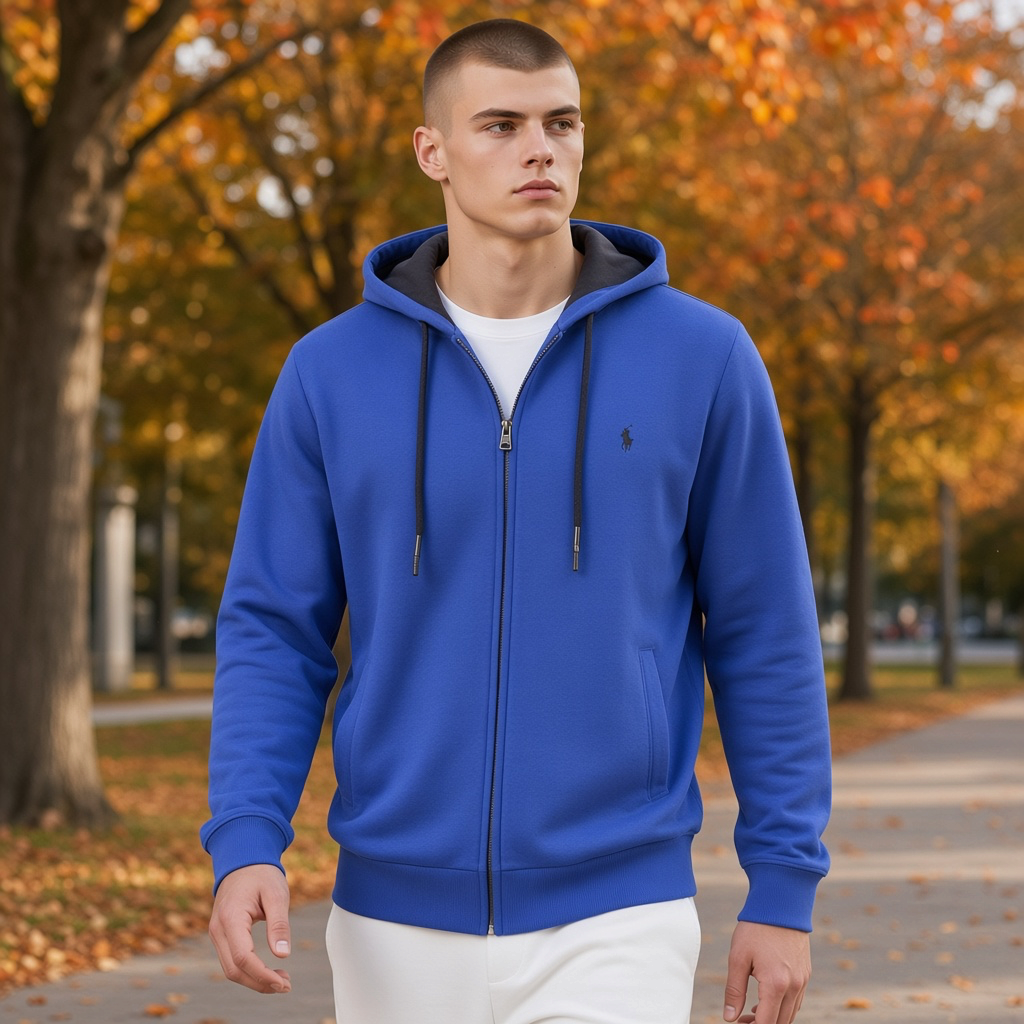 Sudadera azul con capucha y cremallera liquidationlive para hombre con bordado en el pecho en un entorno otoñal